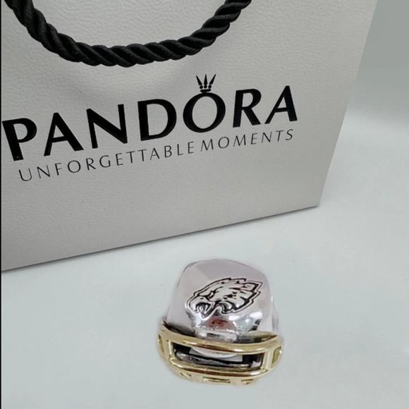 Pandora Philadelphia Eagles NFL Football Helmet Charm 14K Gold and S925 Silver - Picture 1 of 8